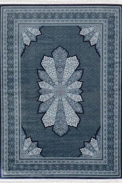 Istanbul Medaillonteppich aus Seide – Marineblau – 1166C 