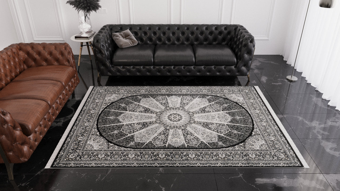 Grandeur of the Sultans Silk Medallion Rug - Obsidian - 1239J