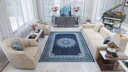 Dark Mystique Silk Medallion Rug - Navy - 1247B