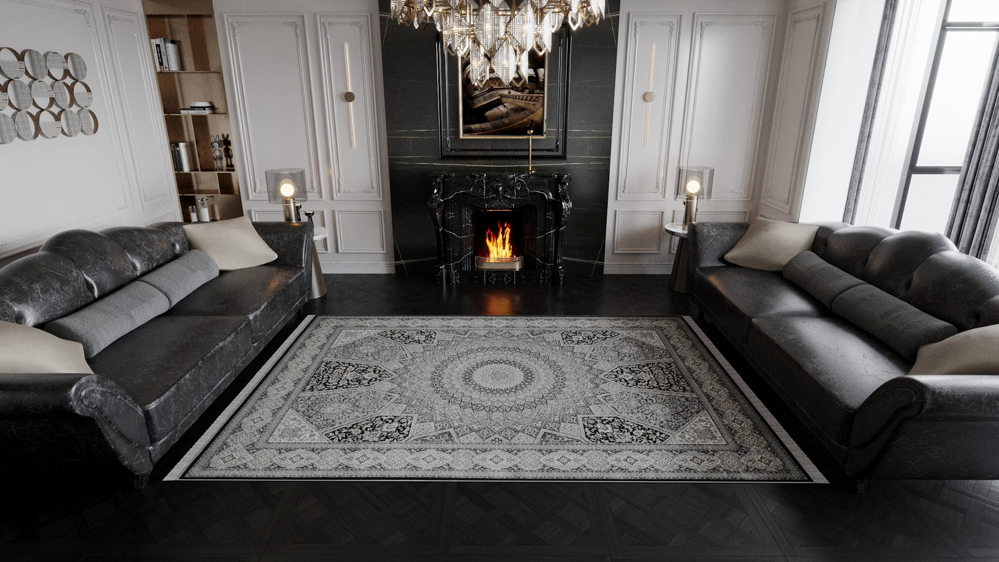 Enigmatic Night Silk Medallion Rug - Obsidian - 1248A